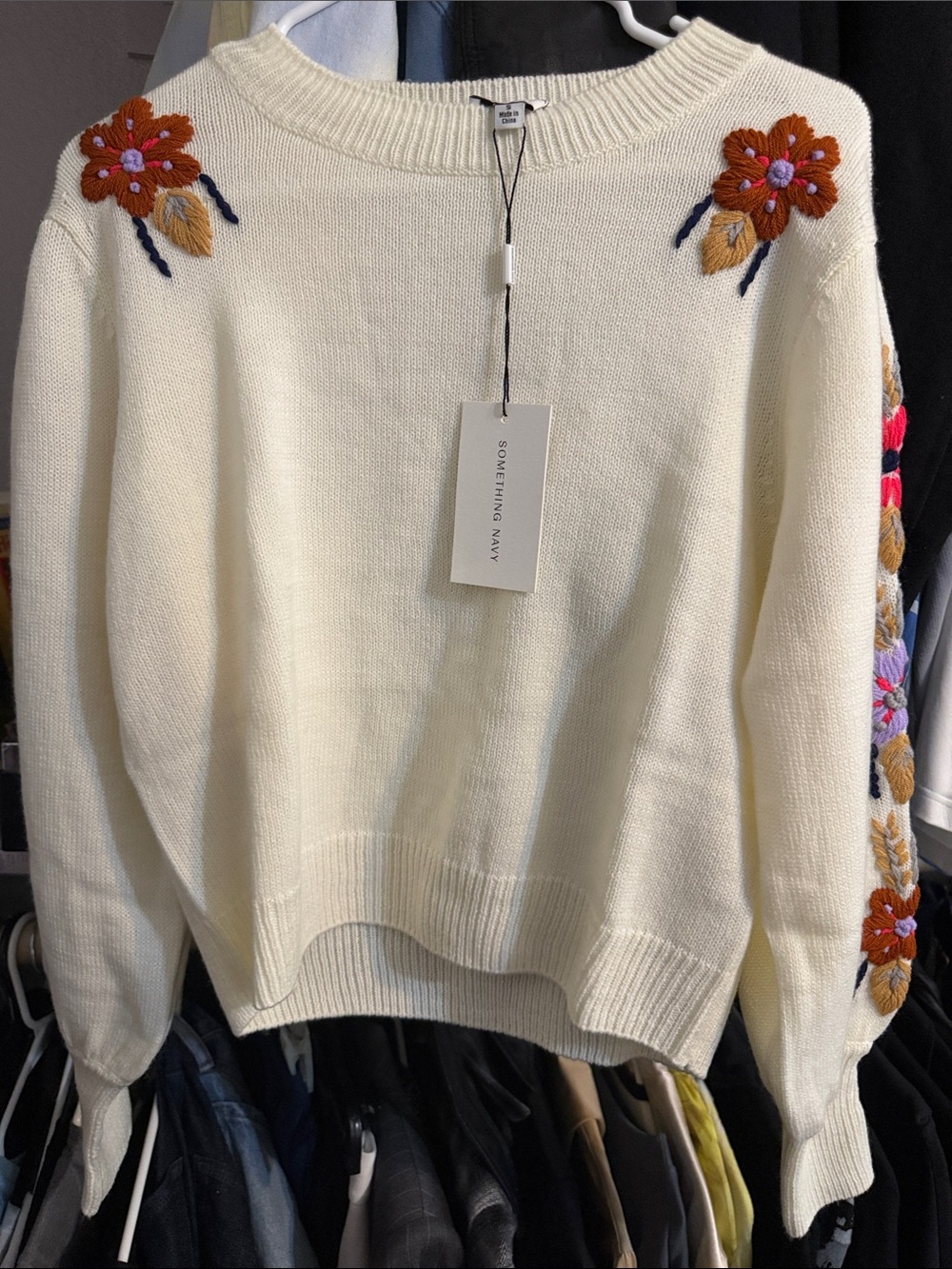 Something Navy Floral Embroidery sweater small NWT